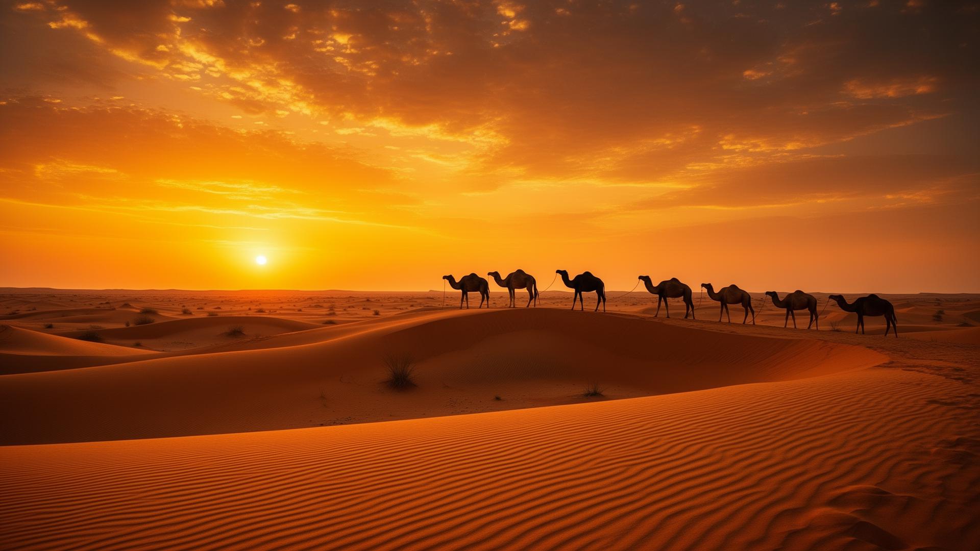 Dubai desert safari at sunset with camel caravan